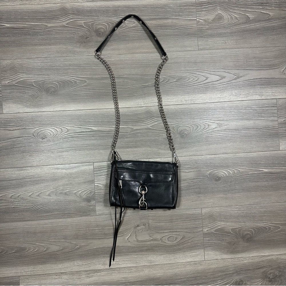 Rebecca Minkoff Mini Mac Black Leather Crossbody Bag with‎ Silver Hardware